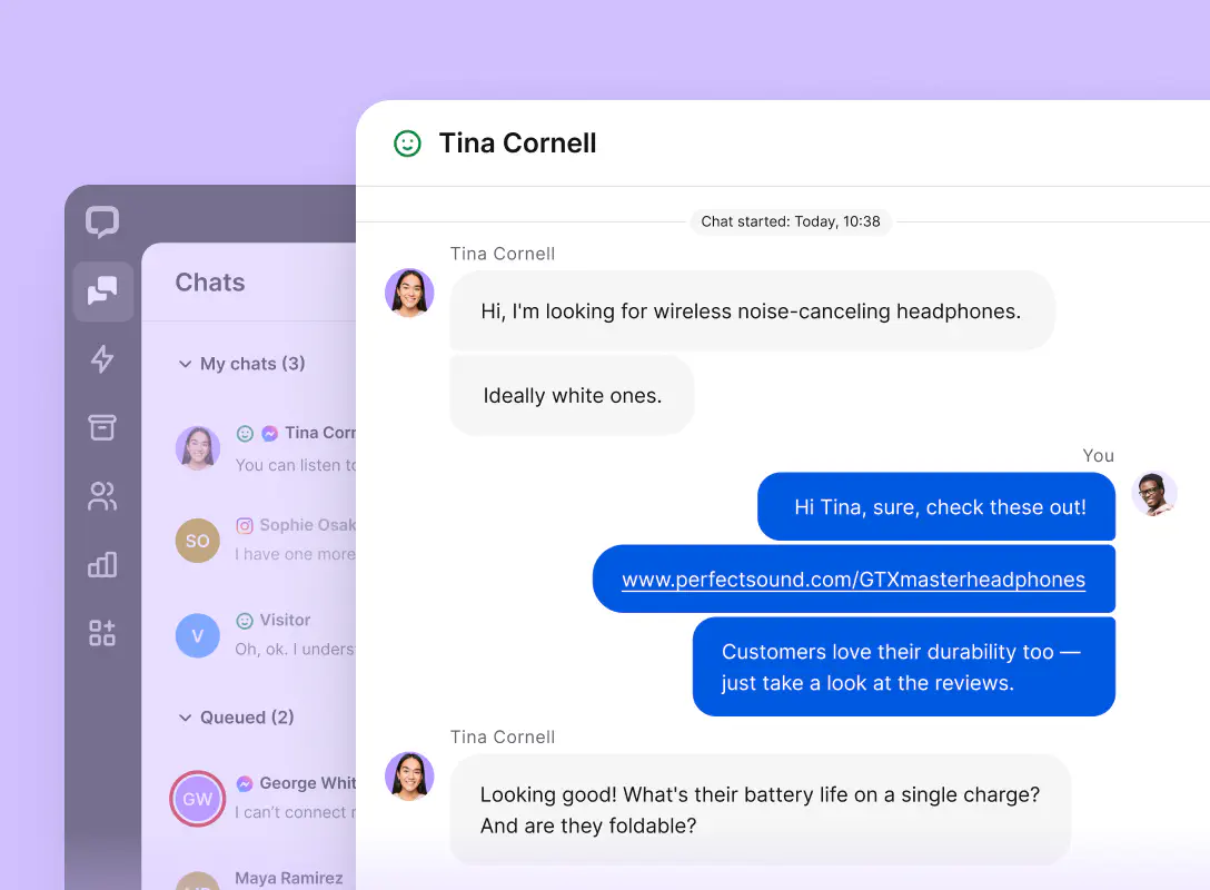 A preview of the chat feed in the Chats section inside the LiveChat® agent app.