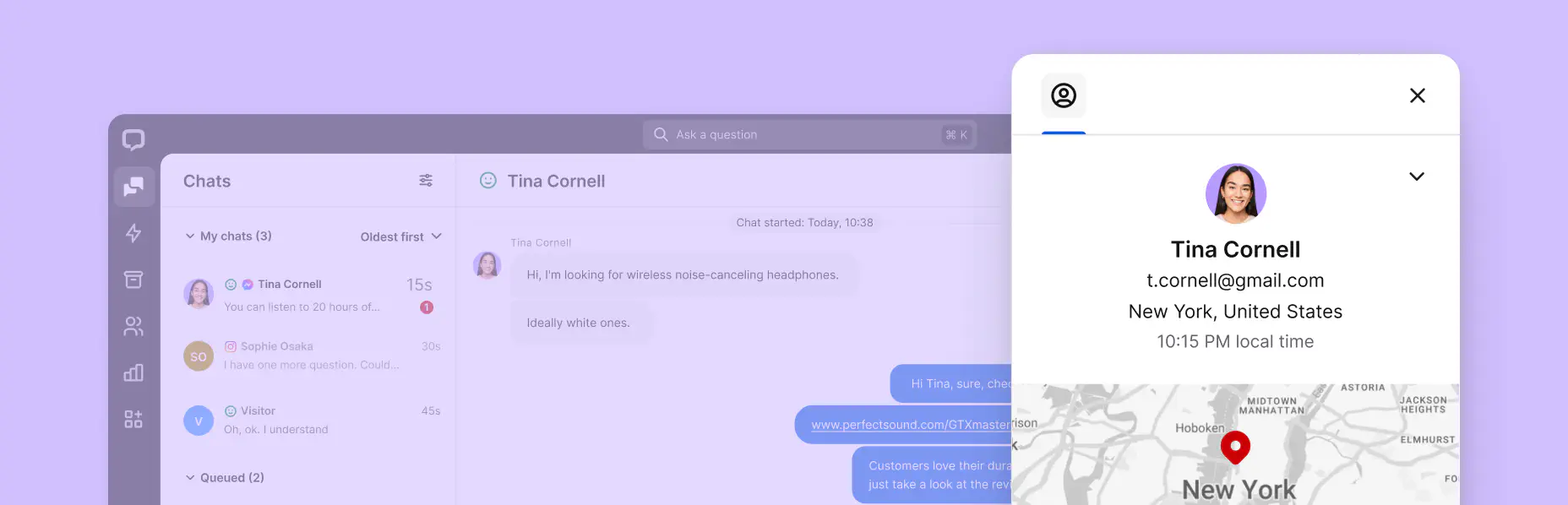 A preview of the customer details tab in the Chats section inside the LiveChat® agent app.