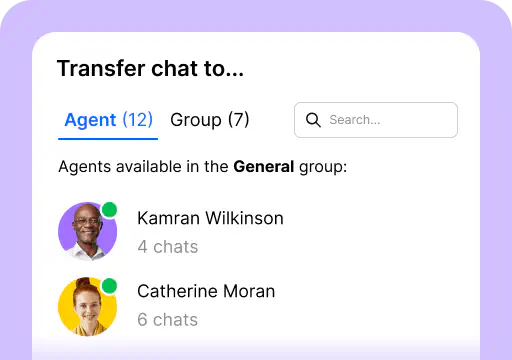 Chat transfers is one of the areas available in the chat feed inside the LiveChat® agent app. It lets you transfer chats to another agent or group.