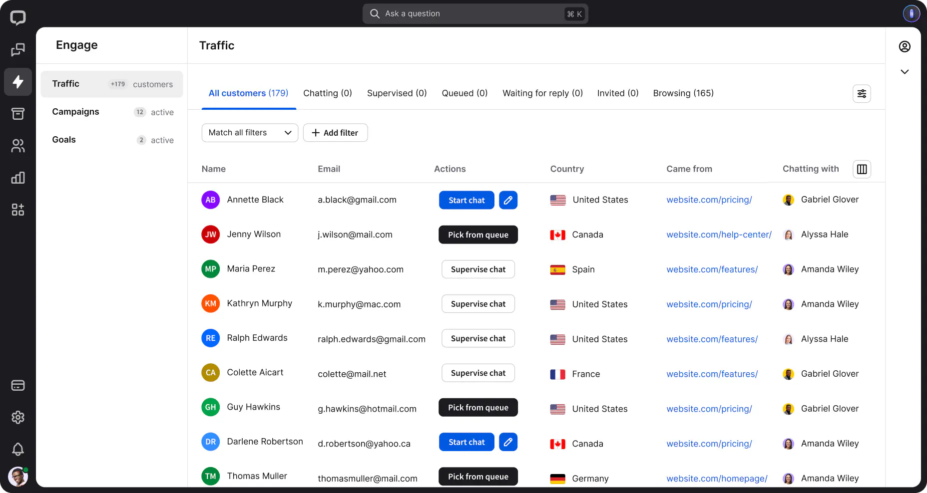 A preview of the Traffic tab in the Engage section in the LiveChat® agent app.