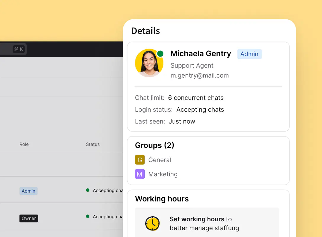 Agent availability details in the Team section of the LiveChat® agent app.