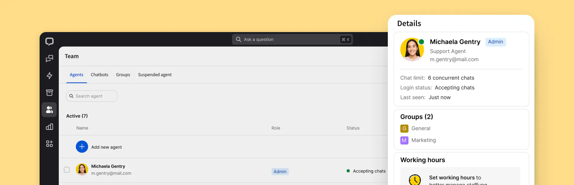 Agent availability details in the Team section of the LiveChat® agent app.